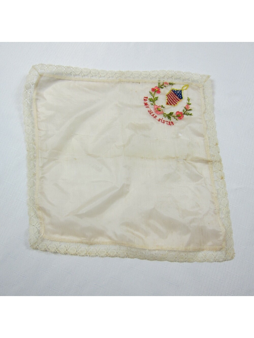 Vintage WWII Souvenir Silk Handkerchief USA Flag To My Dear Sister Floral & Lace